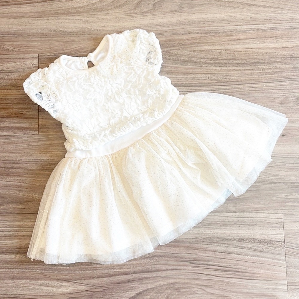 Nannette Baby cream floral lace overlay tulle baby girl dress
